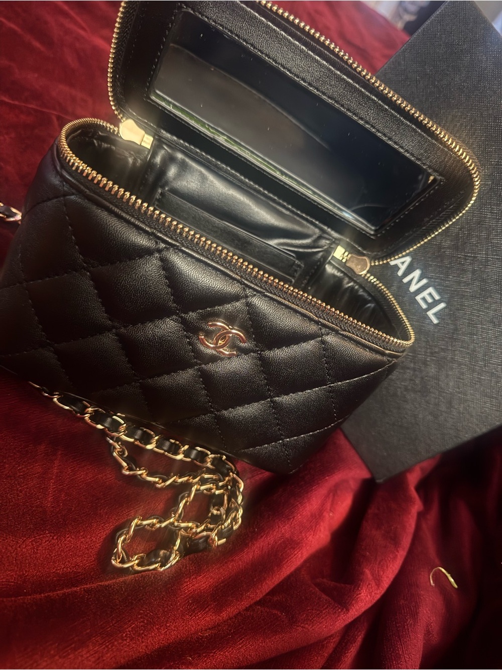 CHANEL Black Quilted Mini Vanity Crossbody with Gold Chain